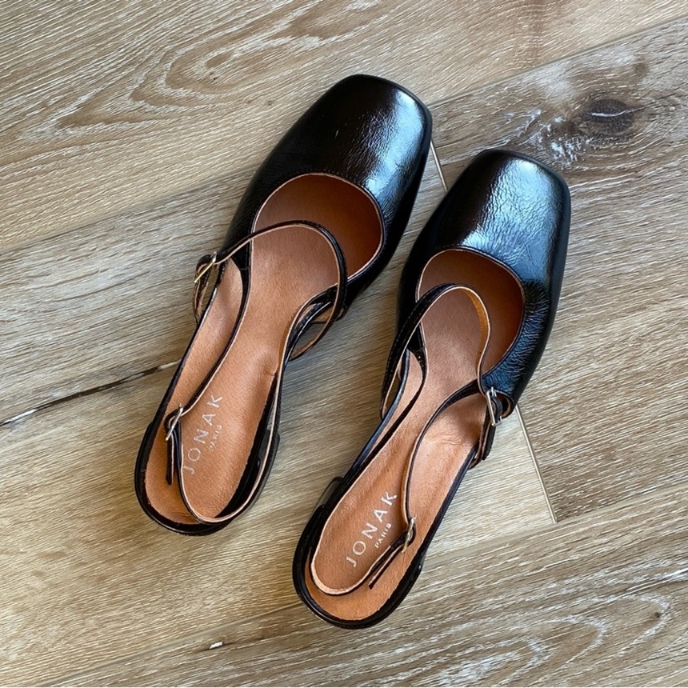 Jonak Paris leather square toe slingback open back Mary Jane babies block heels - Picture 11 of 13
